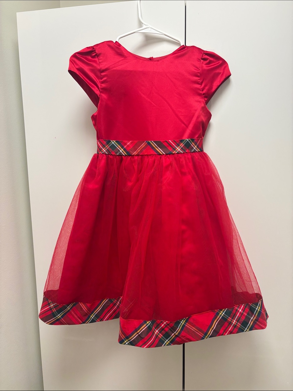 Blueberi Boulevard Red Tulle Holiday Dress with Plaid Trim